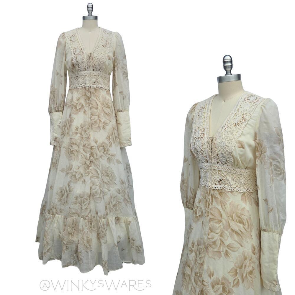 Gunne Sax Vintage 70s Floral Maxi Dress Size 13 S Corset Crochet Prairie Ivory